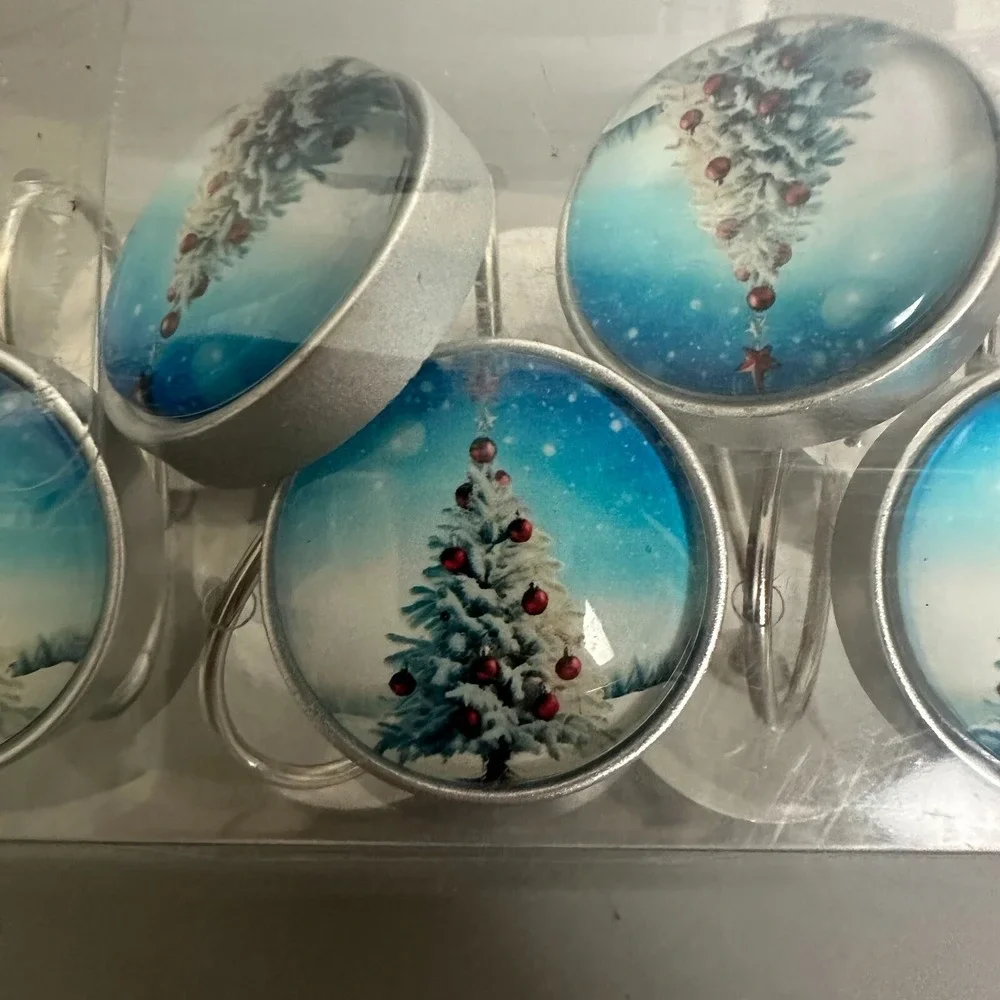 Christmas Shower Curtain Hooks Set of 12 Snowy Tree Winter Holiday Decor Silver